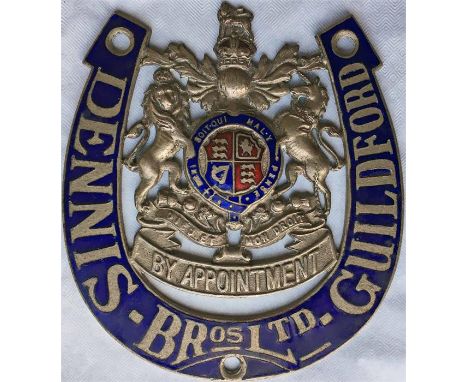 1920s/30s enamel on brass VEHICLE BADGE for Dennis Bros Ltd, Guildford incorporating the Royal Warrant. Would have been fitte