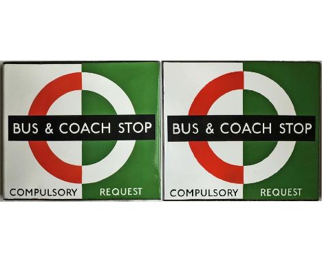 1950s/60s London Transport enamel BUS & COACH STOP FLAG, the 'bus compulsory, coach request' version. A 'boat'-style flag, me