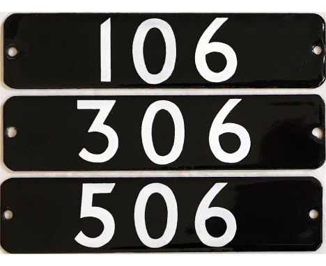 Set of London Underground 1973 Tube Stock enamel STOCK-NUMBER PLATES from a 3-car unit comprising driving motor car 106, unco