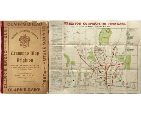1915 Brighton Corporation Tramways fold-out MAP 'showing the Routes, together with all the Places of Interest reached from ea