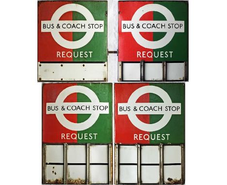 Pair of London Transport enamel BUS &amp; COACH STOP FLAGS (request). 1950s/60s 'bullseye'-style, the first is an E3 (runners