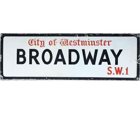 A City of Westminster enamel STREET SIGN from Broadway, SW1, famous for no 55, the traditional headquarters of London Transpo