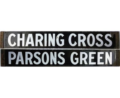 London Underground enamel DESTINATION PLATE Charing Cross/Parsons Green on the District Line. Double-sided, reversable, with 