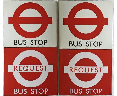 Matching pair of 1980s London Transport enamel, boat-style BUS STOP FLAGS, one compulsory, one request. Each measures 18" x 1
