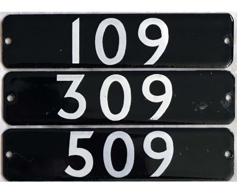 Set of London Underground 1973 Tube Stock enamel STOCK-NUMBER PLATES from a 3-car unit comprising driving motor car 109, unco