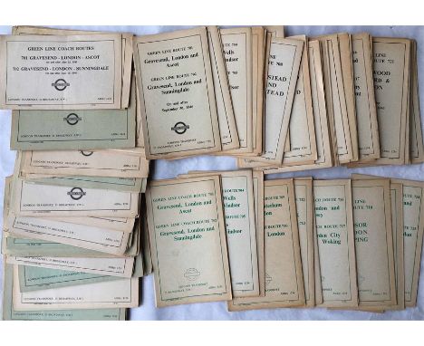 Large quantity of London Transport Green Line Coaches TIMETABLE LEAFLETS comprising 80 from the 1st post-war series (1946, la