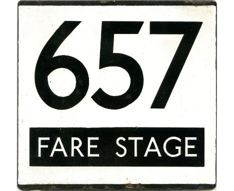 London Transport trolleybus stop enamel E-PLATE for trolleybus route 657 FARE STAGE. The 657 ran between Hounslow &amp; Sheph