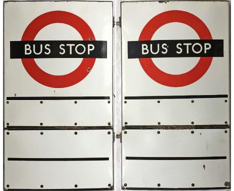 London Transport enamel BUS STOP FLAG (compulsory). A 1950s/60s 'bullseye'-style, E9-size, double-sided 'boat'-type flag (no 