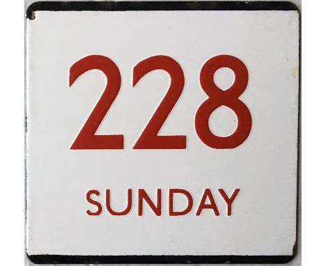 London Transport bus stop enamel E-PLATE for route 228 Sunday with red lettering. We think this may date from the very short 