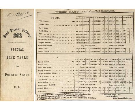 1918 Royal Arsenal Railways linen-card, fold-out pocket TIMETABLE entitled 'Special Timetable for Passenger Service'. This pr