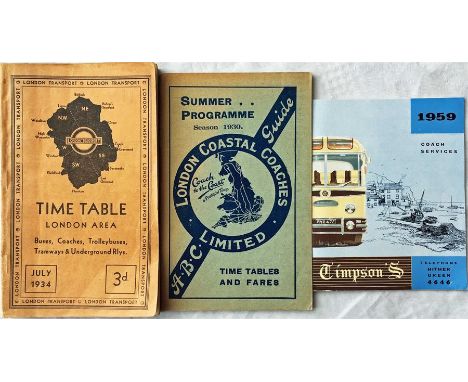 Selection of bus &amp; coach TIMETABLE BOOKLETS comprising July 1934 London Transport London Area timetable, 1930 Summer Prog