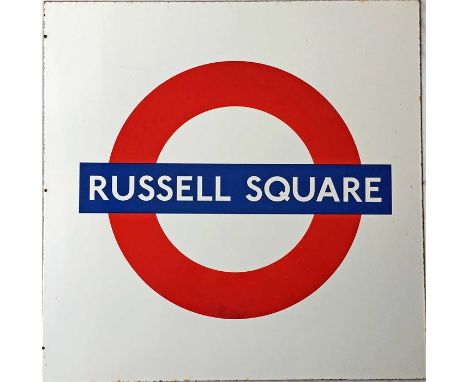 London Underground enamel PLATFORM ROUNDEL SIGN from Russell Square station on the Piccadilly Line. Approx 1980s/90s vintage.