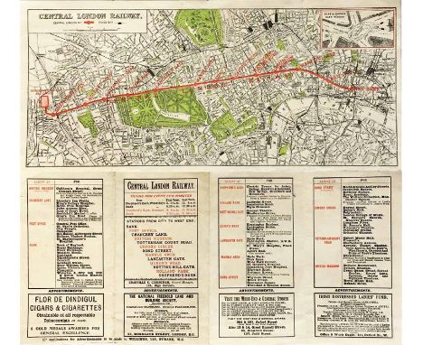c1902 Central London Railway fold-out POCKET MAP produced to promote its service from Bank to Shepherds Bush. The line is sup