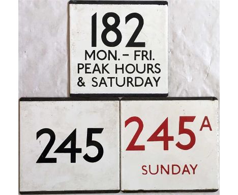 Small selection of London Transport bus stop enamel E-PLATES comprising 182 Mon.-Fri. Peak Hours & Saturday, 245 and 245A Sun