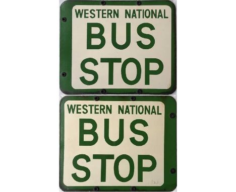 Western National enamel BUS STOP FLAG. A 1950s/60s double-sided sign in cream and green enamel. Measures 12.5" x 10.5" (32cm 