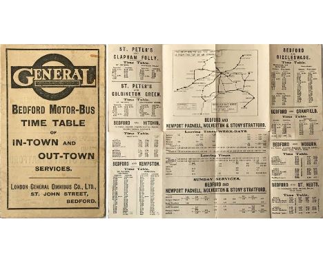 London General Omnibus Company 1913 BEDFORD MOTOR-BUS TIME TABLE of in-Town and out-Town Services. A fold-out leaflet with a 