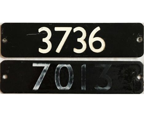 Pair of London Underground CAR STOCK-NUMBER PLATES as fitted inside the cars over the inter-connecting doors and comprising a