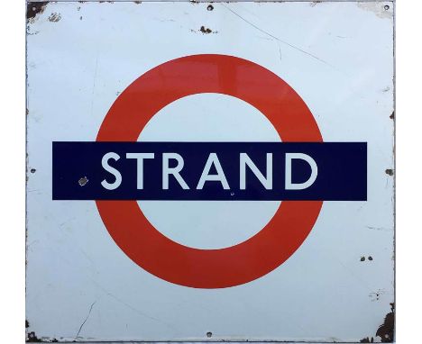 London Underground enamel PLATFORM BULLSEYE SIGN from Strand station, c1950s/60s vintage. This was the Northern Line station 