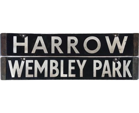 London Underground CO/CP Stock enamel DESTINATION PLATE for Harrow/Wembley Park on the Metropolitan Line. Double-sided, rever