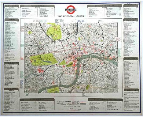 1946 London Transport quad-royal POSTER MAP 'Underground Map of Central London'. Shows the lines, in colour, superimposed on 