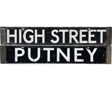 London Underground Q-Stock enamel DESTINATION PLATE for High Street/Putney on the District Line. Double-sided, reversable, wi