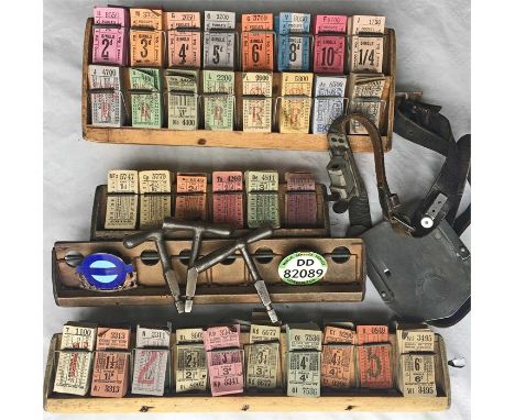 Selection of 4 x bus conductors' wooden TICKET RACKS of different capacities, 3 with packs of unused tickets from various (no