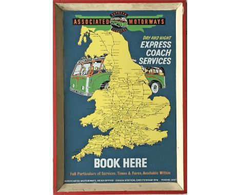 1950s Associated Motorways enamel BOOKING OFFICE SIGN 'Day &amp; Night Express Coach Services, Book Here'. Features 2 illustr