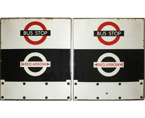 London Transport enamel BUS STOP FLAG split between Bus and Red Arrow services. An E3-size, 'boat'-style flag as used from th
