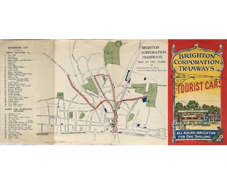 1910 Brighton Corporation Tramways LEAFLET for Tourist Cars with a cover illustration in colour of 4-wheeler car no 50, a map