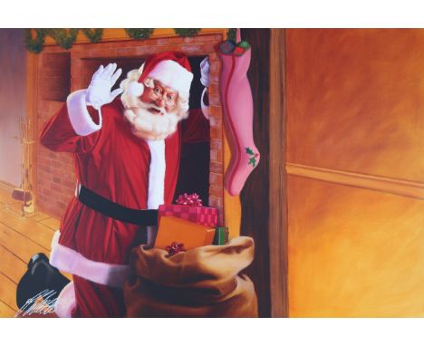 Ed Little (American, B. 1957) "Santa Claus Waving in Front of Chimney" Signed lower left. Original Oil painting on CanvasBoar