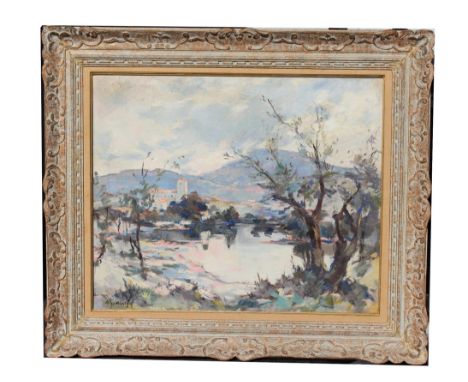 M. Bonnefoy "Mt. Village" Signed lower left. Oil on Canvas. Old label verso on stretcher. Sight Size: 23.5 x 28.5 in. Overall