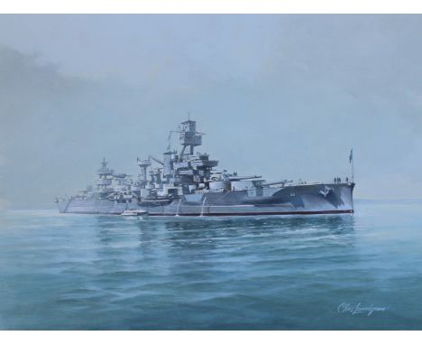Charles J Lundgren (New York, Connecticut, 1911 - 1988) "U.S.S. Arkansas" Signed lower right. Oil on Masonite. Provenance: Co