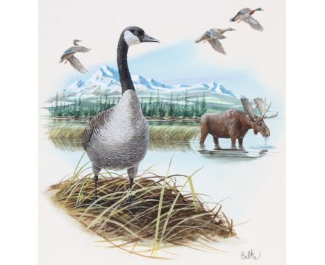 Don Balke (North Carolina, B. 1933) "Canada Goose and Moose" Signed lower right. Original Watercolor on Illustration Board. P