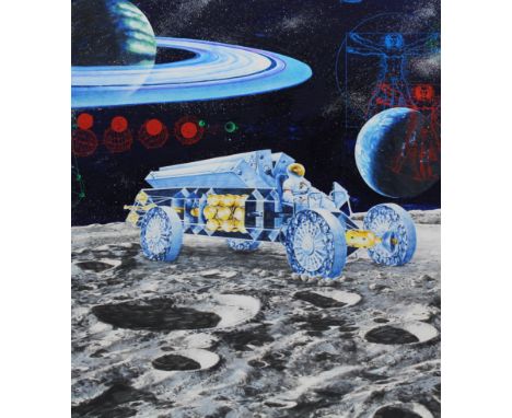 Chris Calle (American, B. 1961) "Spacemobile on the Moon" Signed lower left. Original Mixed Media painting on Illustration Bo