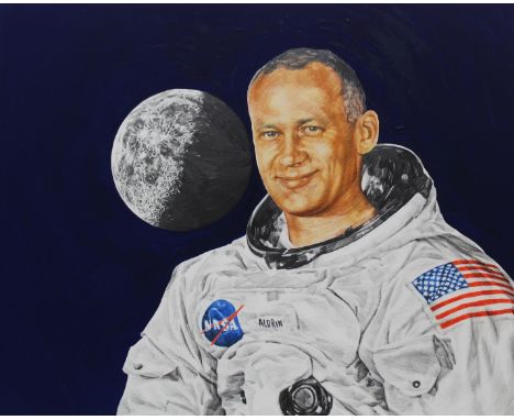 Chris Calle (American, B. 1961) "Buzz Aldrin" Signed lower right. Original Mixed Media painting on Illustration Board. Proven