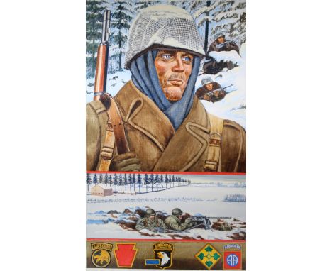 David K. Stone (American, 1922 - 2001) "Battle of the Bulge - Infantry" Original Oil painting on Masonite. Provenance: Collec