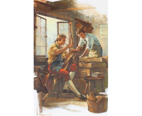 Lyle Tayson (American, 1924 - 2014) "Leatherworker Craftsmen" Signed lower left. Original Oil painting on Canvas. Provenance: