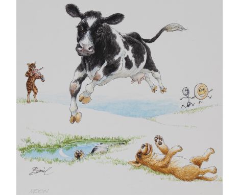 Basil Smith (British, B. 1925). "The Cow Jumped over the Moon" Original Mixed Media painting on Hot Press Illustration Board.