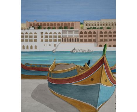 Erik Nitsche (Swiss, 1908 - 1998) "Marina San Gorg in Malta" Signed lower right. Original Mixed Media on Illustration Board. 