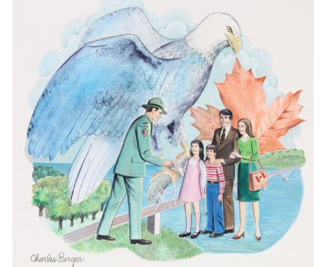 Charles J. Berger (American, 1922 - 2012) "Peace Bridge/America" Signed lower left. Original watercolor painting on Illustrat
