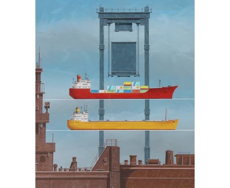 Keith Reynolds (American, B. 1929) "Cargo Vessels" Signed lower right. Original Oil painting on Canvas Board. Provenance: Col
