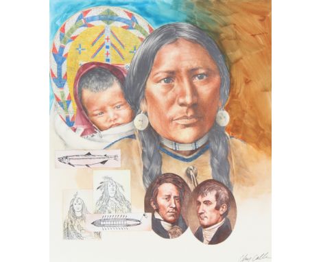 Chris Calle (American, B. 1961) "Sacajawea" Signed lower right. Original Mixed Media painting on Illustration Board. Provenan