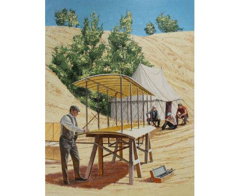 Harry Schaare (New York, Arizona, 1922 - 2008) "Octave Chanute Working on Glider" Signed lower right. Original Oil painting o