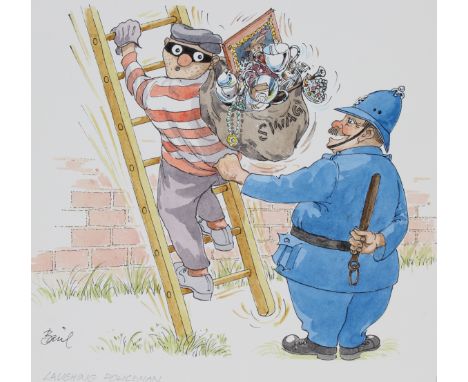 Basil Smith (British, B. 1925). "The Laughing Policeman" Signed lower left. Original Mixed Media/Watercolor painting on Hot P