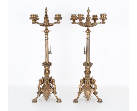 Pair, Signed Barbedienne Antique Footed Candelabra. Resting on three figural griffin form feet. Signed near center portion of