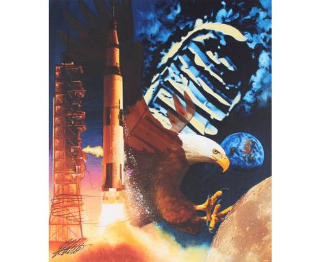 Ed Little (American, B. 1957) "20th Anniversary of First Men on the Moon" Signed lower left. Original oil painting on Illustr