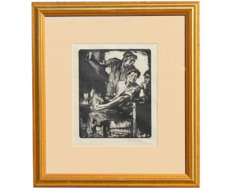 Sir Frank Brangwyn (British, 1867 - 1956)  Tavern scene with three men drinking. Signed  in pencil lower right. Lithograph.  