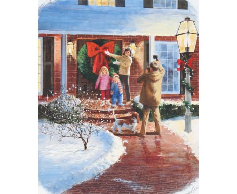 Mel Crawford (Canadian, B. 1925) "Putting Wreath on Door/Christmas" Signed lower right. Original Mixed Media painting on Illu