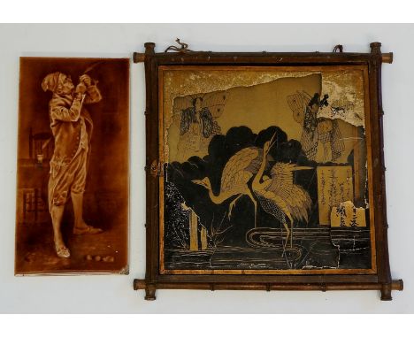 A Japanese oleographic print with mirrored back contained within a faux bamboo frame with further folding print (now missing)