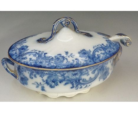 A Doulton Burslem Melrose pattern flow blue oval tureen, cover and matching ladle, 30cm wide, printed mark in blue